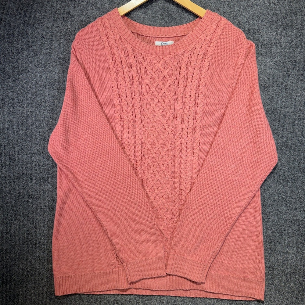 Croft & Barrow Cable Knit Sweater Womens XL Pink Cotton Rayon Crew Neck Pullover